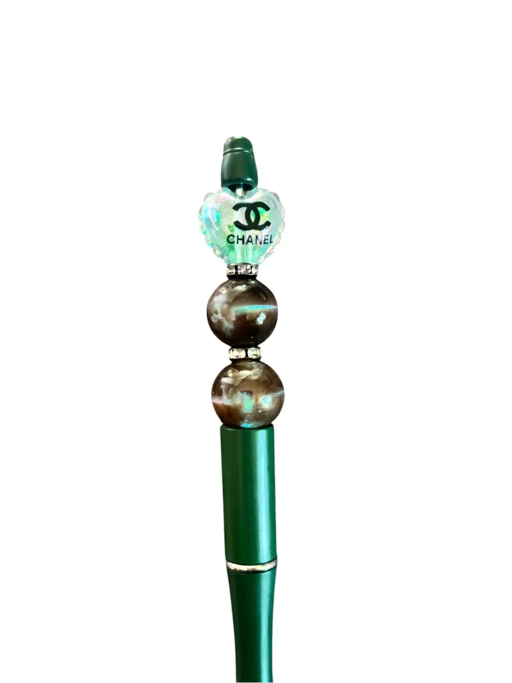 Fashion Green Beaded Heart Charm Pen Handmade by AB INKS HANDMADE EXPRESSIONS